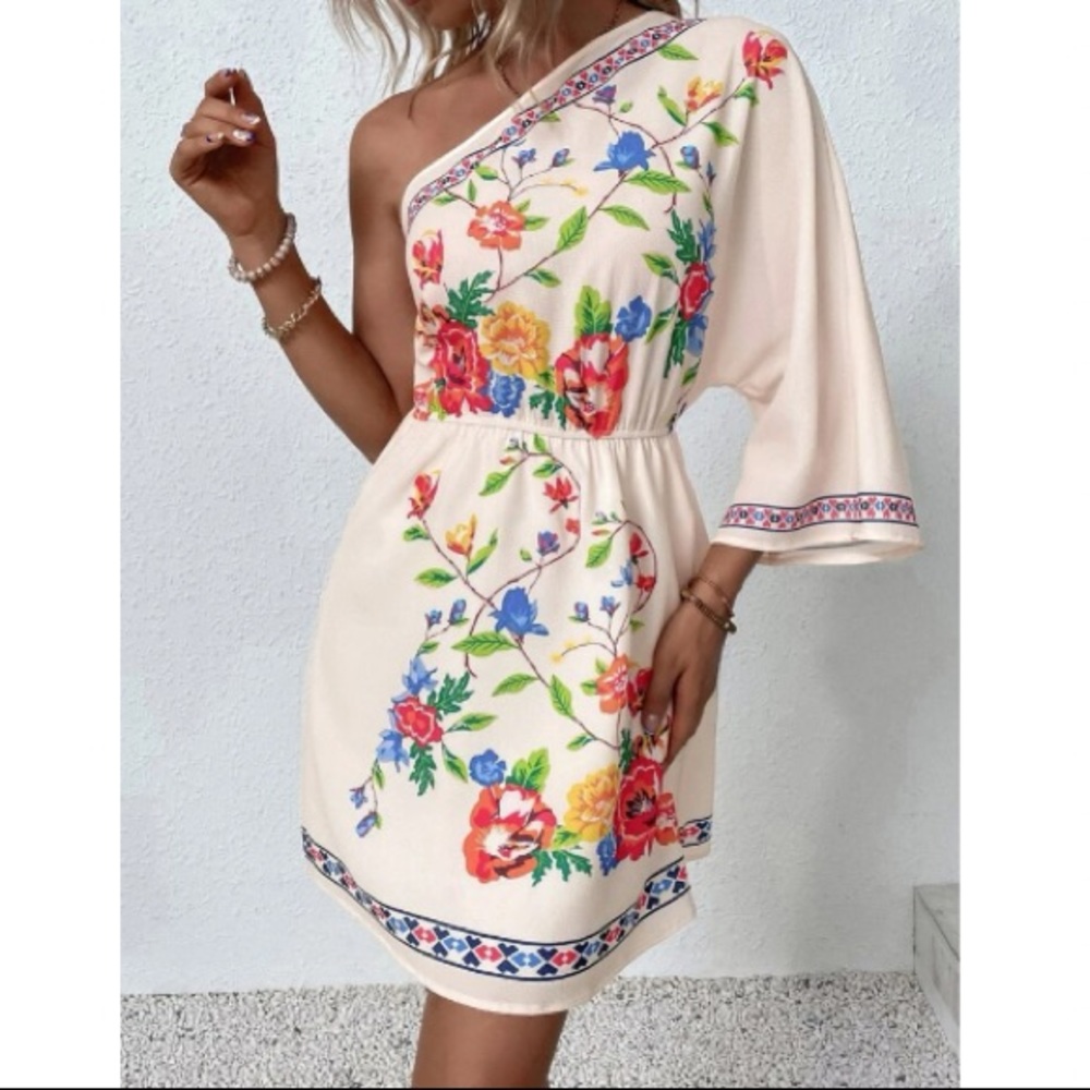 Boho floral print one arm mini dress